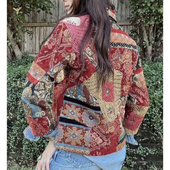 Chico's Tapestry Patchwork Embroidered Crochet Button Front Jacket Sz 1 Medium 8 - Picture 14 of 16